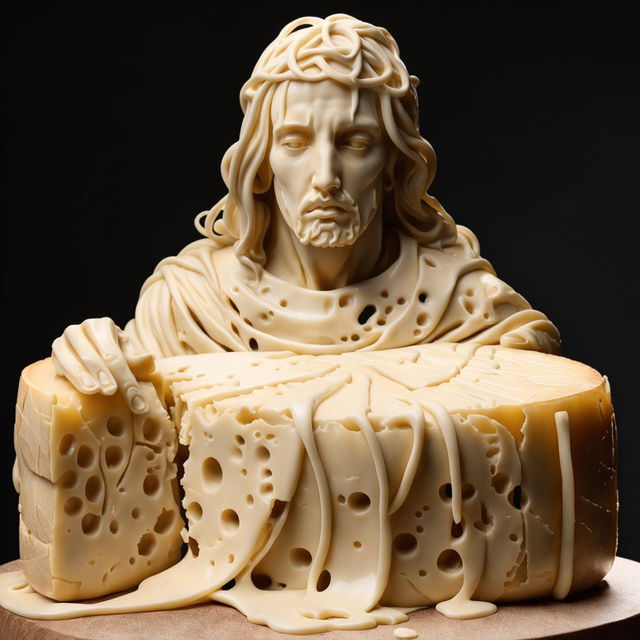 A realistic sculpture of Jesus Christ made entirely from melting Swiss cheese, complete with characteristic holes, holding a large cheese wheel.