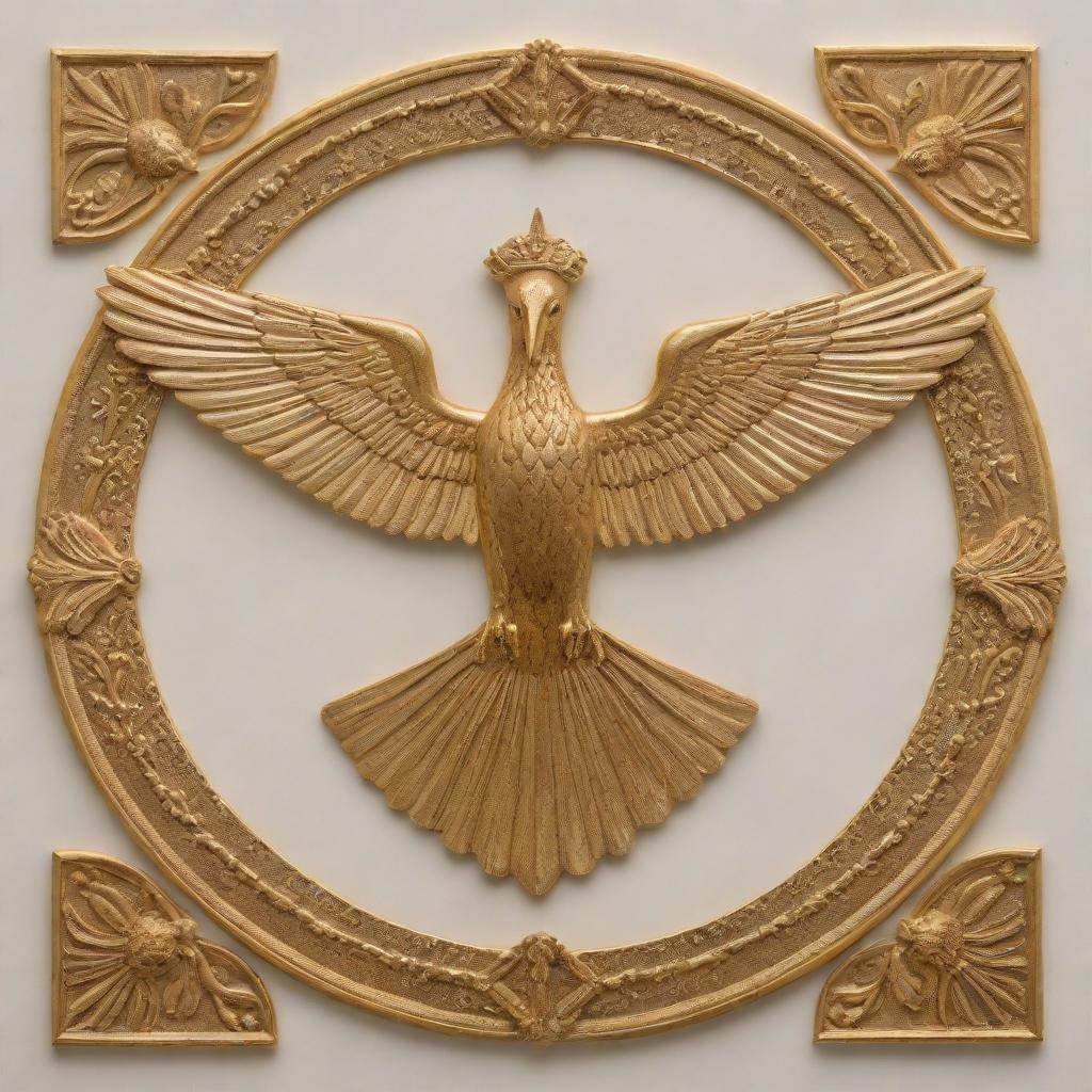 The Faravahar, a prominent Zoroastrian symbol representing good thoughts, good words, and good deeds, rendered in gold with intricate and detailed embellishments, set against a light neutral background.