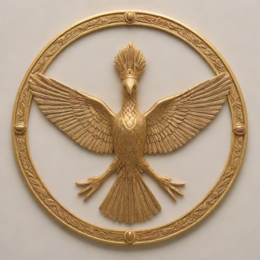 The Faravahar, a prominent Zoroastrian symbol representing good thoughts, good words, and good deeds, rendered in gold with intricate and detailed embellishments, set against a light neutral background.