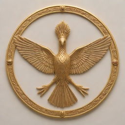 The Faravahar, a prominent Zoroastrian symbol representing good thoughts, good words, and good deeds, rendered in gold with intricate and detailed embellishments, set against a light neutral background.