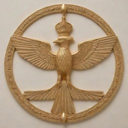 The Faravahar, a prominent Zoroastrian symbol representing good thoughts, good words, and good deeds, rendered in gold with intricate and detailed embellishments, set against a light neutral background.