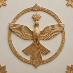 The Faravahar, a prominent Zoroastrian symbol representing good thoughts, good words, and good deeds, rendered in gold with intricate and detailed embellishments, set against a light neutral background.