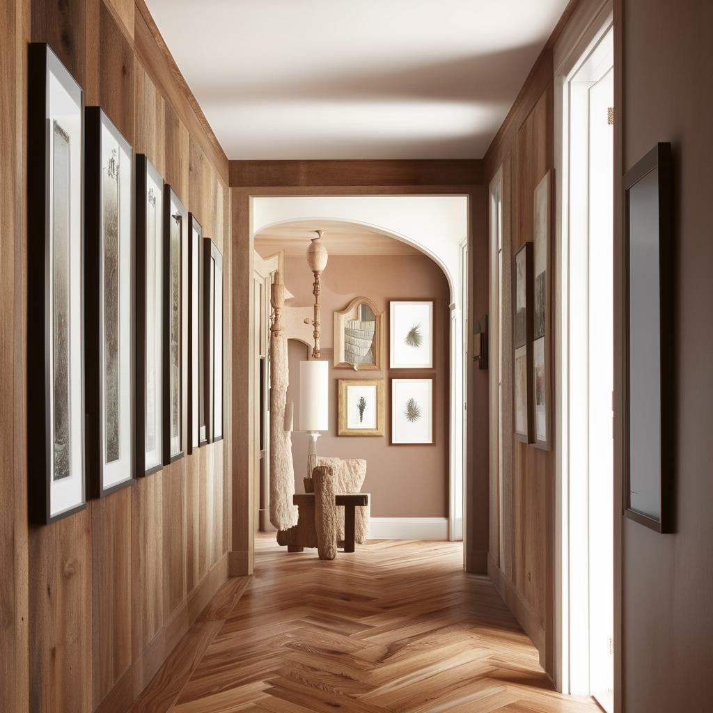 An aesthetically pleasing hallway adorned with rustic hardwood floors and an elegant gallery wall radiating warmth and architectural finesse.