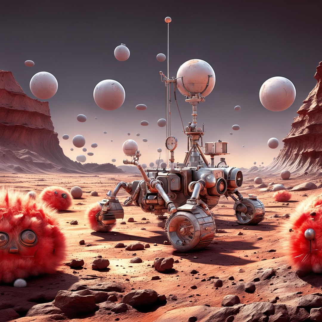 Photorealistic 3D rendering of Mars' surface with the Mars Rover encountering fluffy, bouncing Martian creatures.