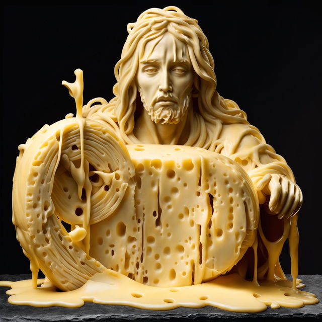 A realistic sculpture of Jesus Christ made entirely from melting yellow Swiss cheese, complete with characteristic holes, holding a large cheese wheel like a steering wheel.