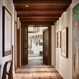 An aesthetically pleasing hallway adorned with rustic hardwood floors and an elegant gallery wall radiating warmth and architectural finesse.