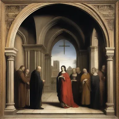 The artist used a lancet arch in the painting to evoke a sense of Gothic style.