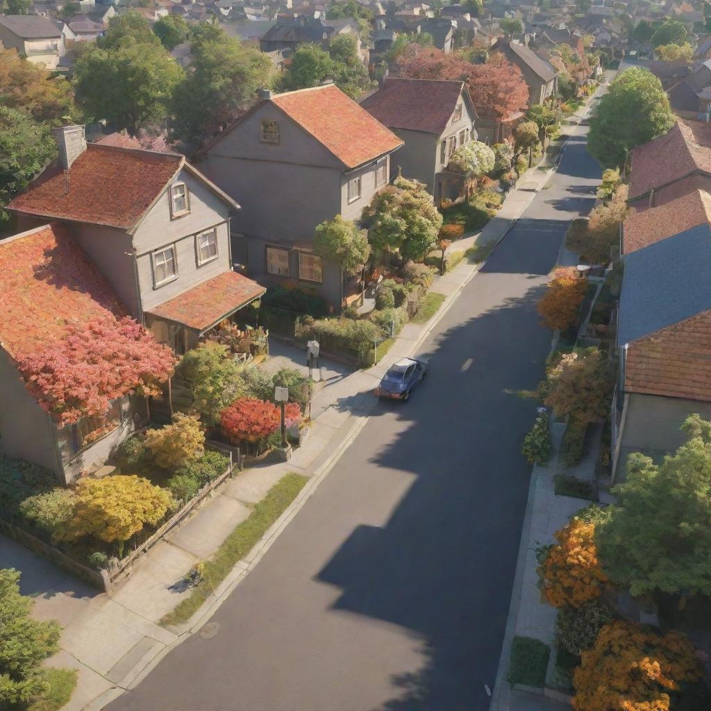 3D representation of a vibrant suburban street filled with happy families, bathed in sunlight, rich with happy vibes and a floral aesthetic, in a Studio Ghibli style.