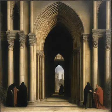 The artist used a lancet arch in the painting to evoke a sense of Gothic style.