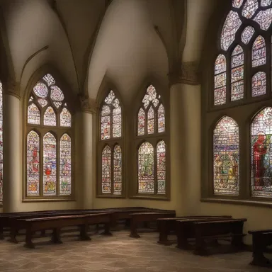 The stained glass windows in the church featured lancet arches, creating a sacred and spiritual atmosphere.