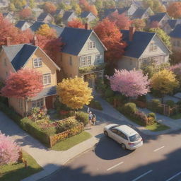 3D representation of a vibrant suburban street filled with happy families, bathed in sunlight, rich with happy vibes and a floral aesthetic, in a Studio Ghibli style.