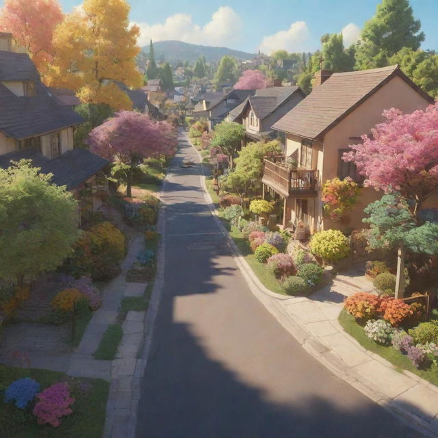 3D representation of a vibrant suburban street filled with happy families, bathed in sunlight, rich with happy vibes and a floral aesthetic, in a Studio Ghibli style.