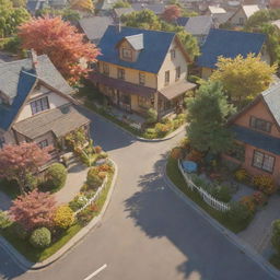 3D representation of a vibrant suburban street filled with happy families, bathed in sunlight, rich with happy vibes and a floral aesthetic, in a Studio Ghibli style.