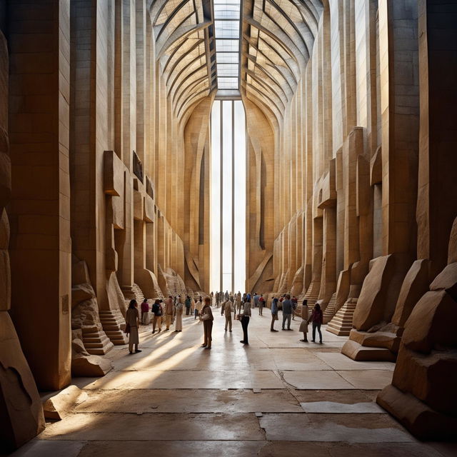 A grand gallery space with towering sandstone walls under geometric skylights, filled with crowds of tiny people adding a sense of scale and life.