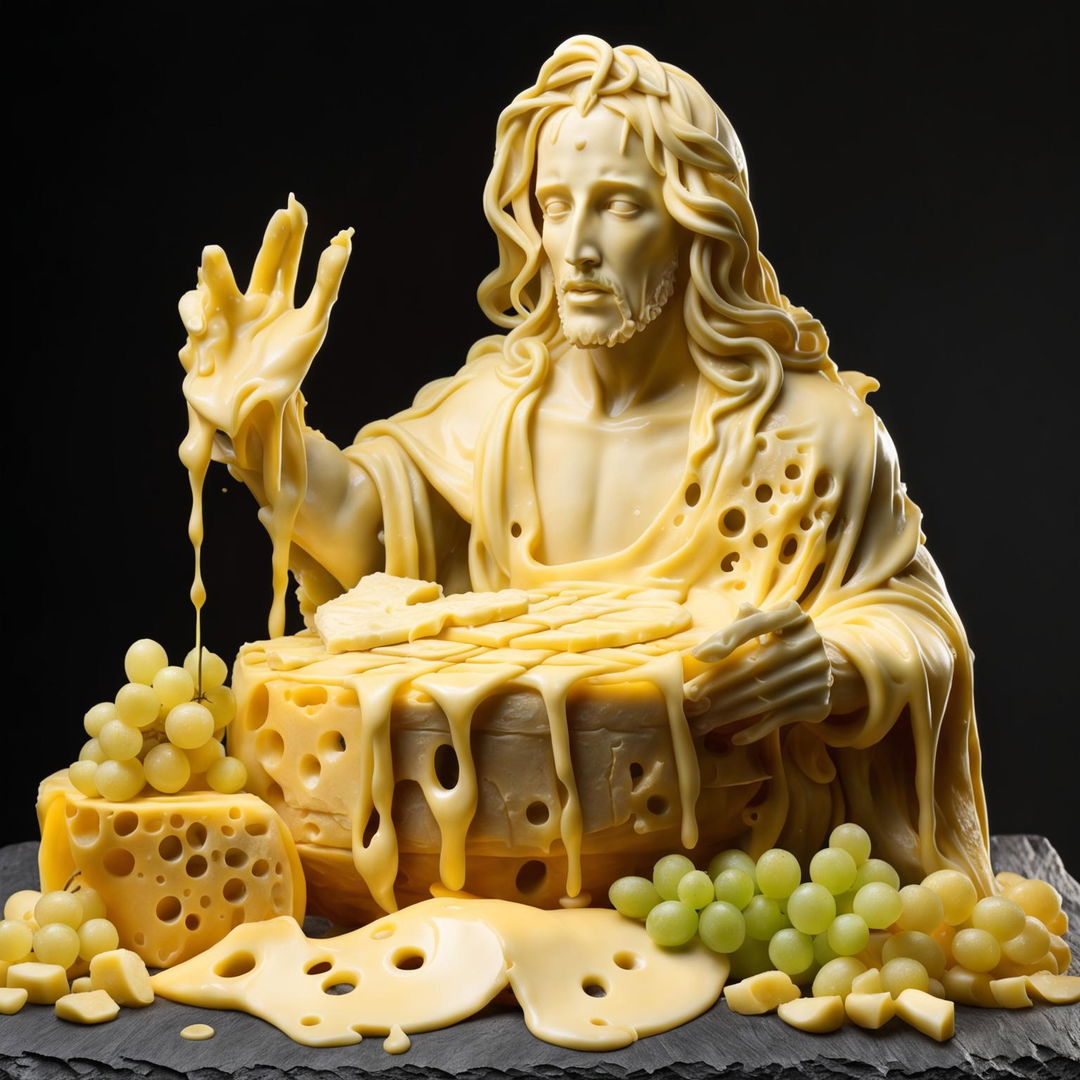 A realistic sculpture of Jesus Christ made entirely from melting yellow Swiss cheese, complete with characteristic holes, holding a large cheese truckle like a steering wheel, surrounded by grapes and crackers.