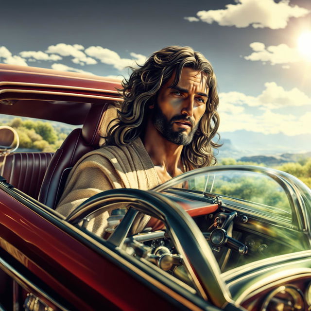 Handsome, muscular Jesus with a chiselled face and windswept hair driving a classic Ford Mustang through a picturesque landscape in a CGI art piece.