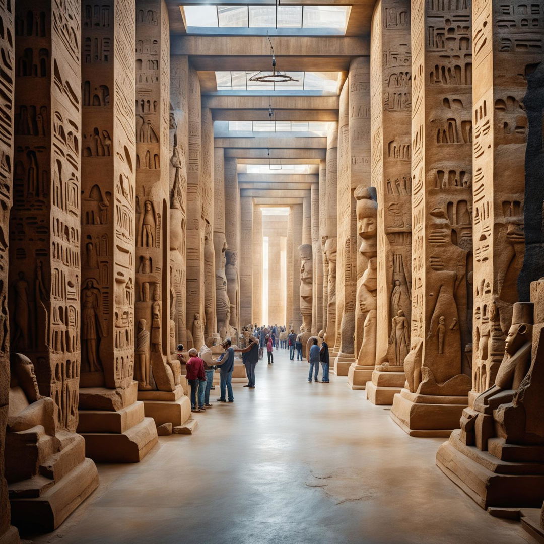 A grand gallery space with towering sandstone columns carved into statues of Egyptian gods, filled with crowds of tiny people under geometric skylights.