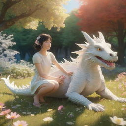 3D image of a Studio Ghibli style female hero with her white pet dragon, located in a sunny, open meadow. Sunlight seeps through surrounding trees, portraying a warm atmosphere with a palette of vibrant flowers.