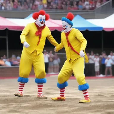 The competition between the two clowns was head-to-head, but in the end, they both slipped on a banana peel and fell.