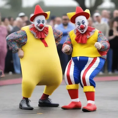 The competition between the two clowns was head-to-head, but in the end, they both slipped on a banana peel and fell.