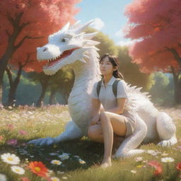 3D image of a Studio Ghibli style female hero with her white pet dragon, located in a sunny, open meadow. Sunlight seeps through surrounding trees, portraying a warm atmosphere with a palette of vibrant flowers.