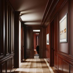 An elegant hallway featuring polished hardwood floors, a gallery wall adorned with tasteful art, and sophisticated wall panelling. The scene radiates aesthetic warmth and architectural sophistication