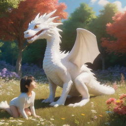 3D image of a Studio Ghibli style female hero with her white pet dragon, located in a sunny, open meadow. Sunlight seeps through surrounding trees, portraying a warm atmosphere with a palette of vibrant flowers.