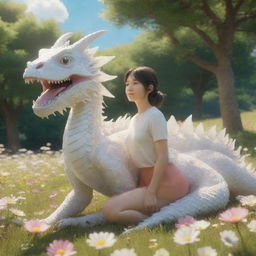 3D image of a Studio Ghibli style female hero with her white pet dragon, located in a sunny, open meadow. Sunlight seeps through surrounding trees, portraying a warm atmosphere with a palette of vibrant flowers.