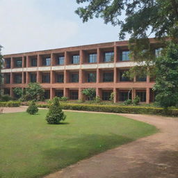 An astonishing view of MBSTU (Mawlana Bhashani Science and Technology University) hall in daylight, displaying its architectural grandeur and spacious campus grounds, with verdant greenery surrounding the building.