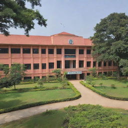 An astonishing view of MBSTU (Mawlana Bhashani Science and Technology University) hall in daylight, displaying its architectural grandeur and spacious campus grounds, with verdant greenery surrounding the building.