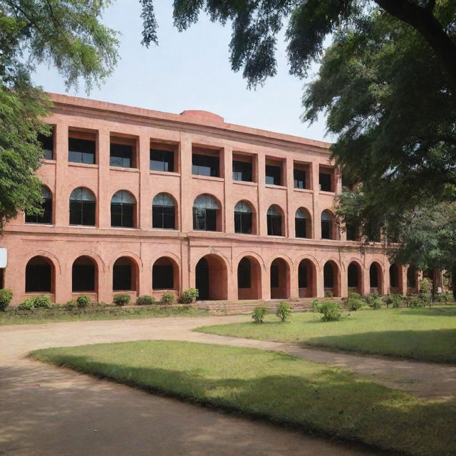 An astonishing view of MBSTU (Mawlana Bhashani Science and Technology University) hall in daylight, displaying its architectural grandeur and spacious campus grounds, with verdant greenery surrounding the building.