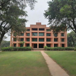 An astonishing view of MBSTU (Mawlana Bhashani Science and Technology University) hall in daylight, displaying its architectural grandeur and spacious campus grounds, with verdant greenery surrounding the building.