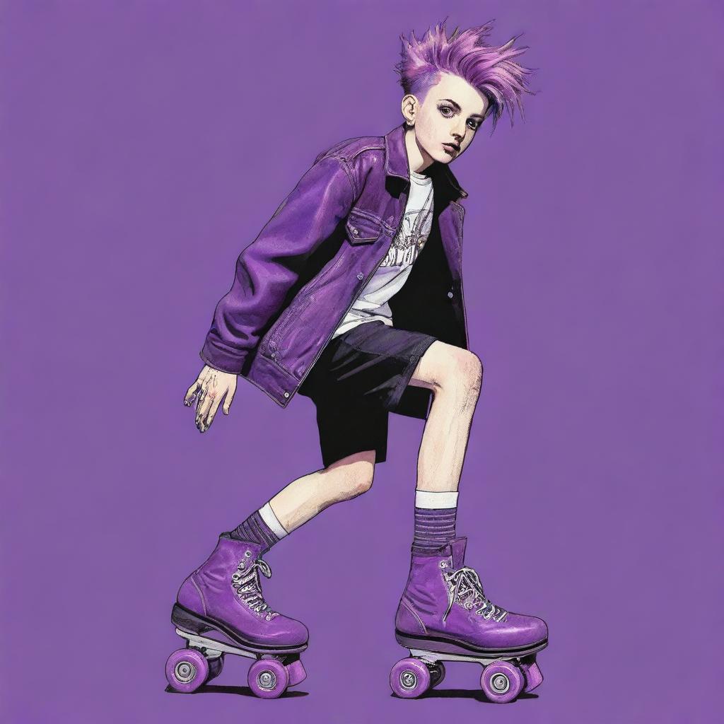 2000s era punk boy on roller skates, featuring purple hues, drawn in a style reminiscent of vintage comic book art