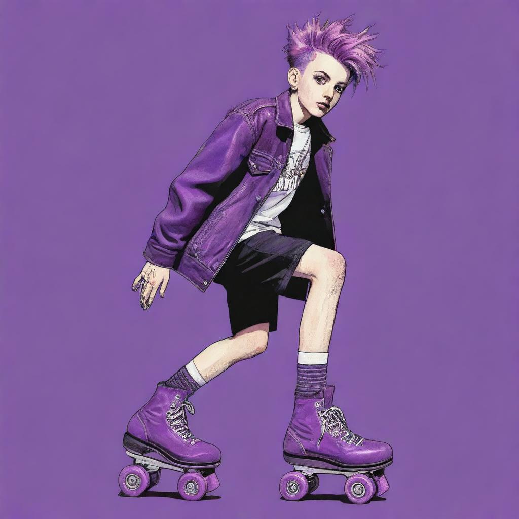 2000s era punk boy on roller skates, featuring purple hues, drawn in a style reminiscent of vintage comic book art