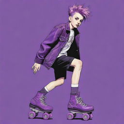 2000s era punk boy on roller skates, featuring purple hues, drawn in a style reminiscent of vintage comic book art