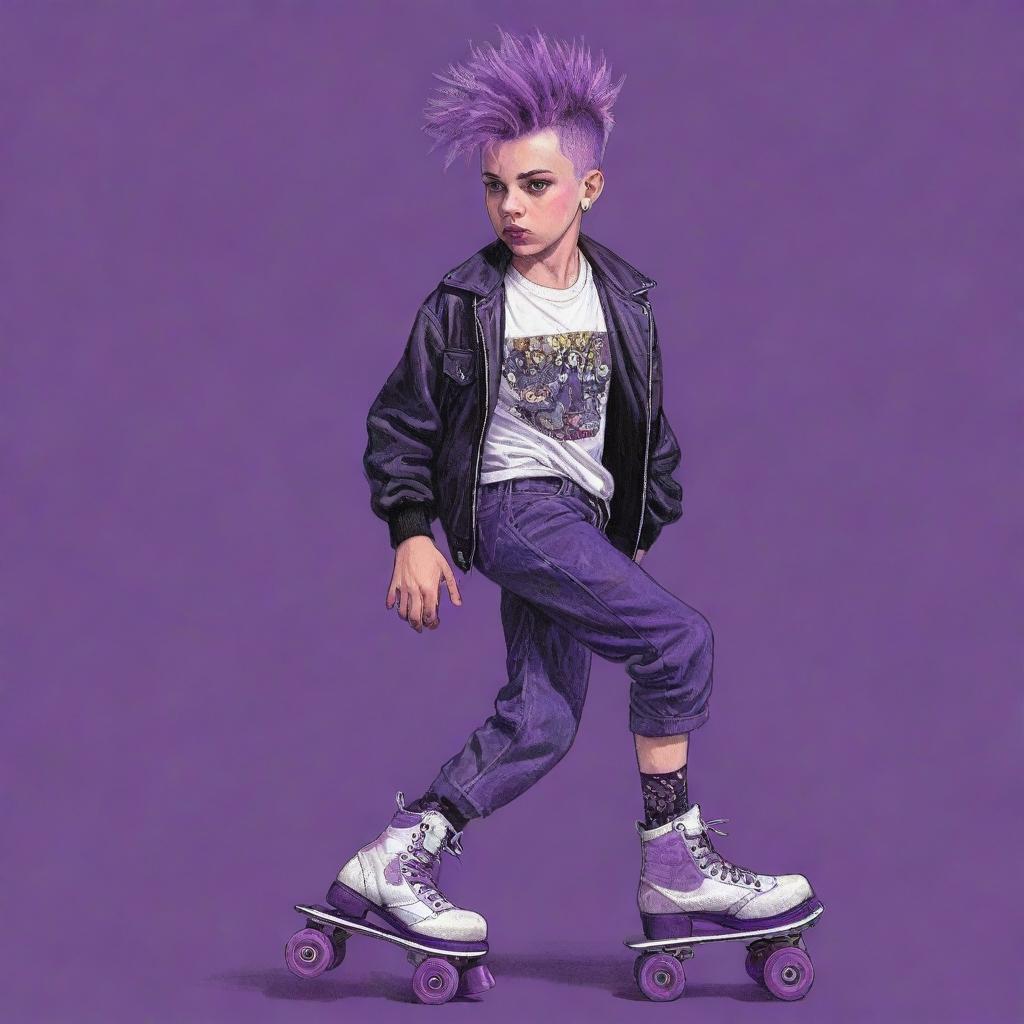 2000s era punk boy on roller skates, featuring purple hues, drawn in a style reminiscent of vintage comic book art