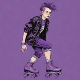 2000s era punk boy on roller skates, featuring purple hues, drawn in a style reminiscent of vintage comic book art