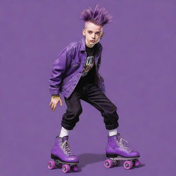 2000s era punk boy on roller skates, featuring purple hues, drawn in a style reminiscent of vintage comic book art