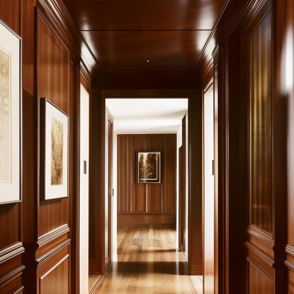 An elegant hallway featuring polished hardwood floors, a gallery wall adorned with tasteful art, and sophisticated wall panelling. The scene radiates aesthetic warmth and architectural sophistication