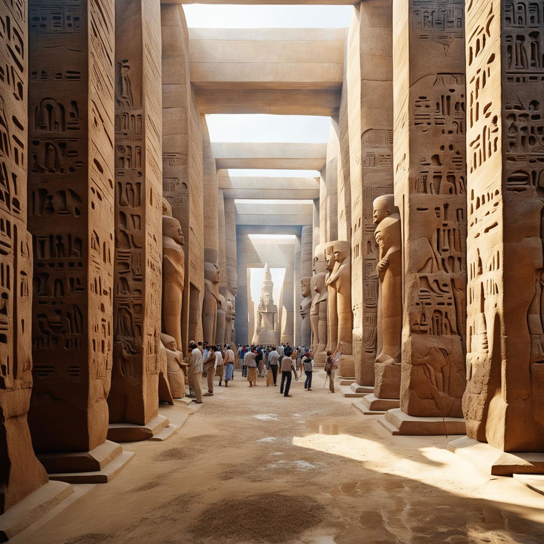 A grand gallery space with towering sandstone columns carved into statues of Egyptian gods, filled with crowds of tiny people under geometric skylights, and a floor covered in sand.