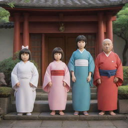 3D versions of Studio Ghibli's Spirited Away characters in their iconic outfits posing in a serene, traditional Japanese setting