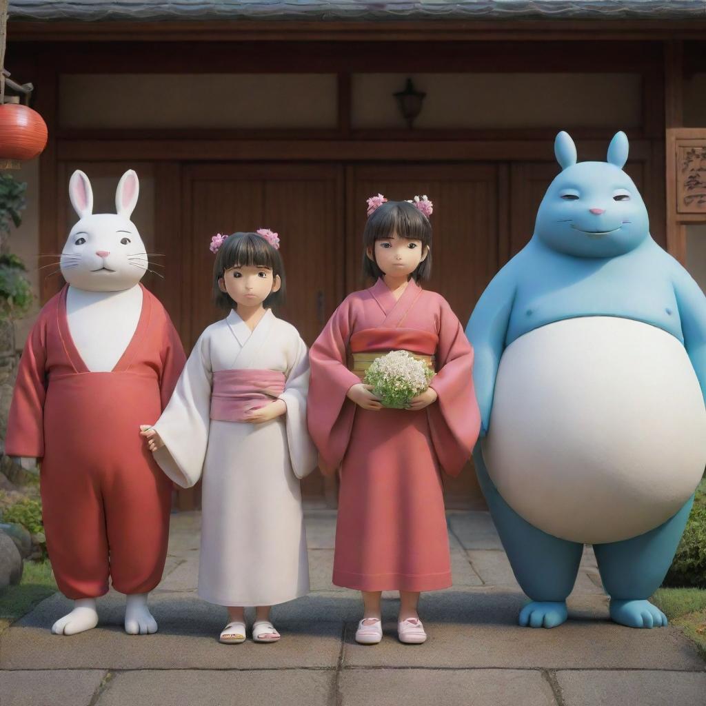 3D versions of Studio Ghibli's Spirited Away characters in their iconic outfits posing in a serene, traditional Japanese setting