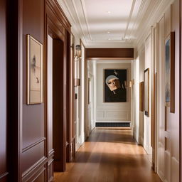 An elegant hallway featuring polished hardwood floors, a gallery wall adorned with tasteful art, and sophisticated wall panelling. The scene radiates aesthetic warmth and architectural sophistication