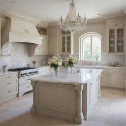 An immaculate French country kitchen in soft neutrals, featuring custom cabinetry, a large farmhouse sink, traditional French decor, a luxe marble island, a vintage stove, and an elegant crystal chandelier setting a charming yet elegant atmosphere.