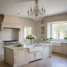 An immaculate French country kitchen in soft neutrals, featuring custom cabinetry, a large farmhouse sink, traditional French decor, a luxe marble island, a vintage stove, and an elegant crystal chandelier setting a charming yet elegant atmosphere.