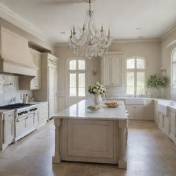 An immaculate French country kitchen in soft neutrals, featuring custom cabinetry, a large farmhouse sink, traditional French decor, a luxe marble island, a vintage stove, and an elegant crystal chandelier setting a charming yet elegant atmosphere.