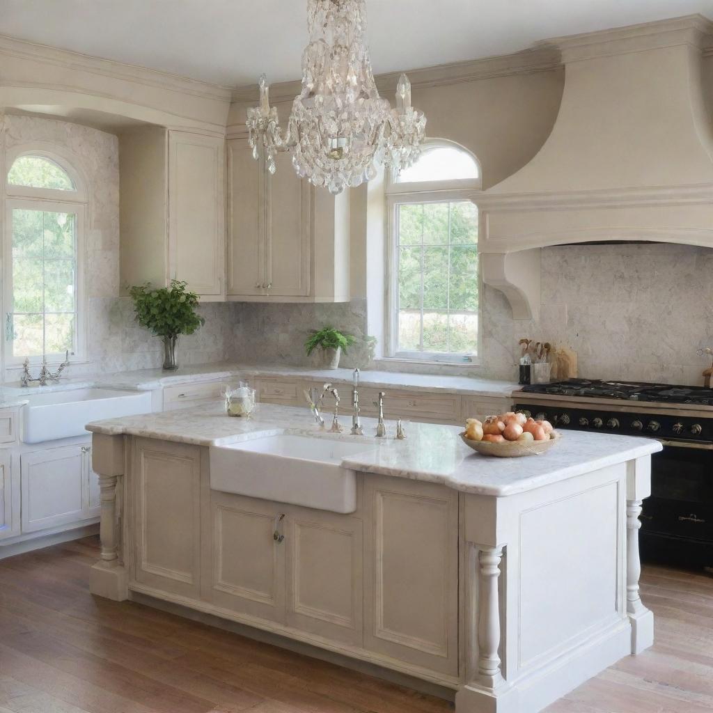 An immaculate French country kitchen in soft neutrals, featuring custom cabinetry, a large farmhouse sink, traditional French decor, a luxe marble island, a vintage stove, and an elegant crystal chandelier setting a charming yet elegant atmosphere.