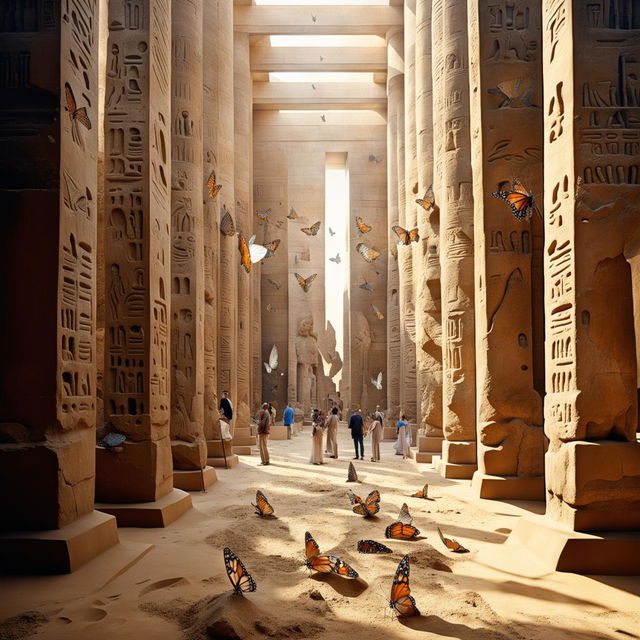 A grand gallery space with towering sandstone columns carved into statues of Egyptian gods, filled with crowds of tiny people under geometric skylights, a floor covered in sand, and hundreds of monarch butterflies fluttering everywhere.