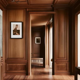 An elegant hallway featuring polished hardwood floors, a gallery wall adorned with tasteful art, and sophisticated wall panelling. The scene radiates aesthetic warmth and architectural sophistication