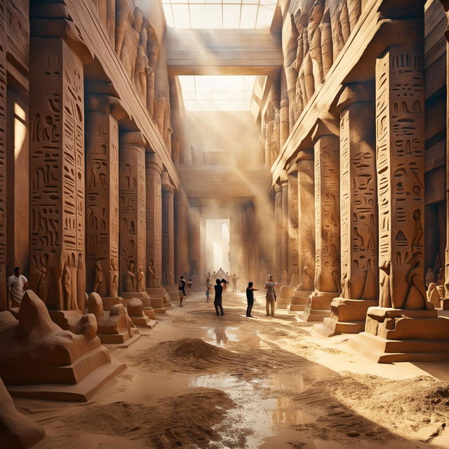 A grand gallery space with towering sandstone columns carved into statues of Egyptian gods, filled with crowds of tiny people under geometric skylights, a floor covered in sand, and a swirling sandstorm inside.